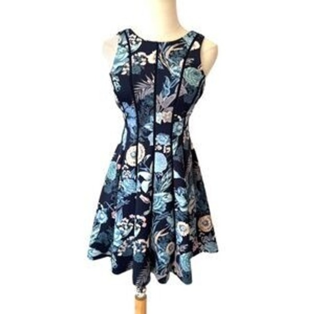 Garden Party White House Black Market Floral Fit & Flare Dress Navy Blue Teal 6